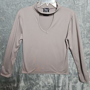 TMG Women's Sz XL Beige Stretch Top poly spandex pullover front opening